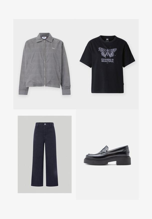 Grijze jas met rits en een subtiel blauw geruit patroon, kraag, zijzakken en een klein wit "obey"-logo op de borst.; Zwart T-shirt met een grote vlindergrafiek en pailletten boven de tekst "VERANDERING IS MOOI" in vetgedrukte letters op de voorkant.; Lange marineblauwe broek van een soepele katoenmix, met een sluiting met knoop aan de voorkant en gestikte details langs de tailleband en zakken.; Zwarte leren loafers met een ronde neus, voorzien van een verhoogde plateauzool en een eenvoudige decoratieve band over de wreef. Gladde afwerking.