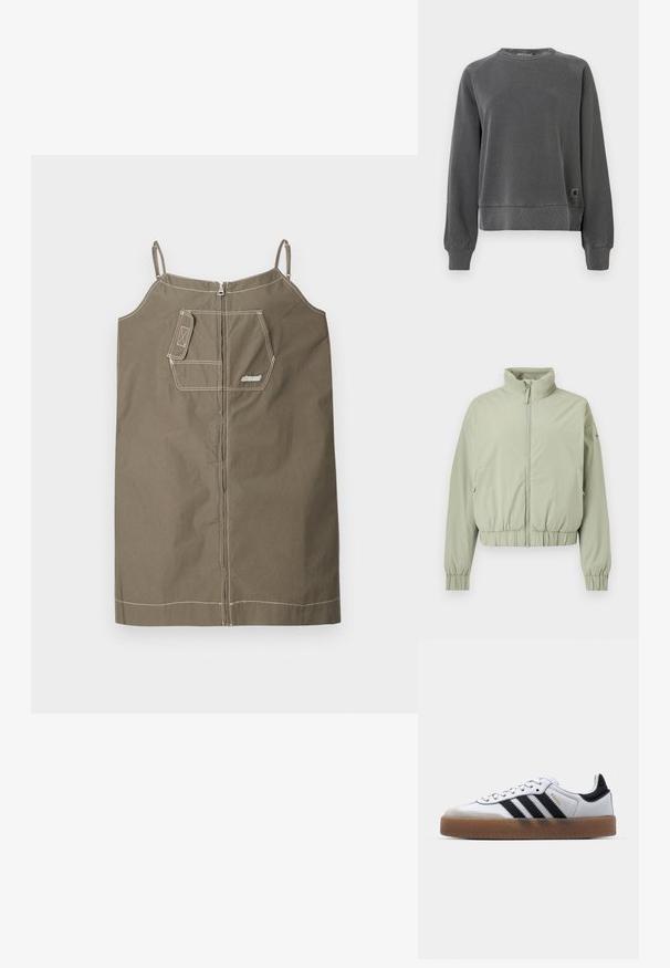 Lichtgroene zip-up jas met hoge kraag, elastische tailleband en manchetten, weergegeven op een witte achtergrond.; Crewneck sweatshirt in donkergrijs weefsel, met ribbels aan de manchetten en onderkant, en een klein logo-patch aan de onderzijde. Zachte textuur.; Olijfgroene mouwloze jurk van katoen met een ritsluiting. Heeft een enkele borstzak, contrasterende stiksels en verstelbare bandjes.; Witte leren sneakers met zwarte strepen, gumrubberen buitenzool, ronde neus, vetersluiting en een zachte grijze suède neuskap.