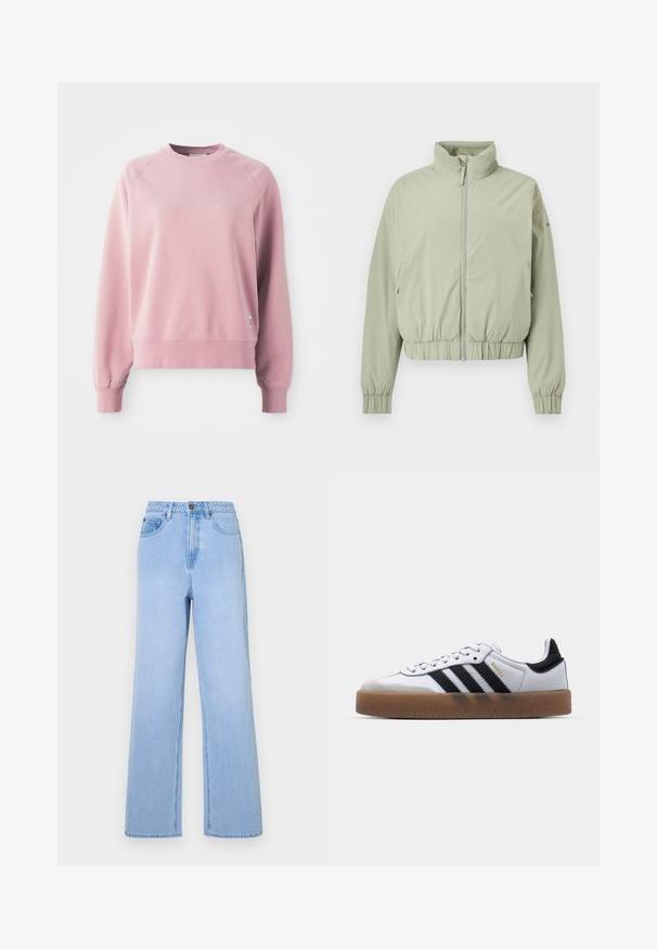 Hellgrüne Zip-Up-Jacke mit hohem Kragen, elastischem Bund und Bündchen, auf weißem Hintergrund angezeigt.; Helles rosa Sweatshirt mit Rundhalsausschnitt und Raglanärmeln, gerippten Bündchen und Saum, aus weichem Stoff gefertigt. Mit einem kleinen Logo-Tag an der Seite.; Hellblaue High-Waist-Jeans mit weitem Bein, aus Denim gefertigt. Hervorgehobene Nähte und Fünf-Taschen-Design.; Weiße Leder Sneakers mit schwarzen Streifen, Gummigummi-Außensohle, runder Zehenform, Schnürverschluss und weichem grauem Wildleder-Zehenkappe.