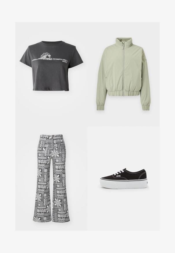 Lichtgroene zip-up jas met hoge kraag, elastische tailleband en manchetten, weergegeven op een witte achtergrond.; Donkere grijze cropped T-shirt met een witte gestileerde golf, palmboom grafiek en "ROXY" tekst op de voorkant.; Zwart-witte uitlopende broek met een geometrisch bloemenpatroon. Gemaakt van lichtgewicht stof met een soepele textuur.; Zwarte canvas sneaker met een witte rubberen platformzool, voorzien van witte veters en stiksels, iconische branding op de zijkant, low-top ontwerp.
