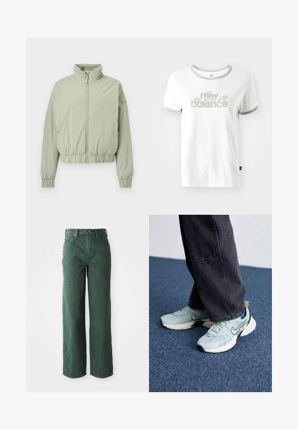 Chaqueta verde claro con cremallera, cuello alto, cintura y puños elásticos, mostrada sobre un fondo blanco.; Camiseta de algodón blanca con ribete gris, que presenta un diseño floral y el texto "new balance" en verde claro. Mangas cortas, corte estándar.; Vaqueros verdes de pierna ancha hechos de denim. Presentan una cintura alta, piernas rectas, bolsillos frontales y cierre de botón metálico.; Zapatillas Nike de malla azul claro con un acabado texturizado, swoosh negro y suela media crema, combinadas con pantalones de pierna ancha gris oscuro.