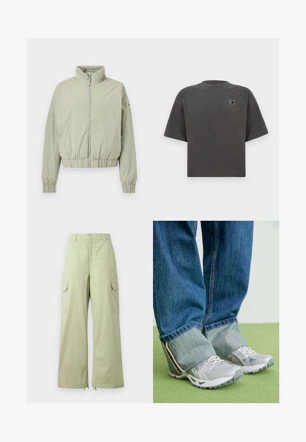 Lysegrøn lynlåssweater med høj krave, elastisk taljebånd og ærmekanter, vist på en hvid baggrund.; Mørkegrå oversized T-shirt med korte ærmer, rund hals og lille Carhartt-logo på venstre bryst.; Lysegrønne cargo bukser med brede ben, lavet af bomuld. Har to sidelommer og knaplukning. Glat tekstur og afslappet design.; Grå atletiske sko med mesh-materiale og hvide accenter, parret med blå denimjeans, der er opkrøllet ved anklerne.