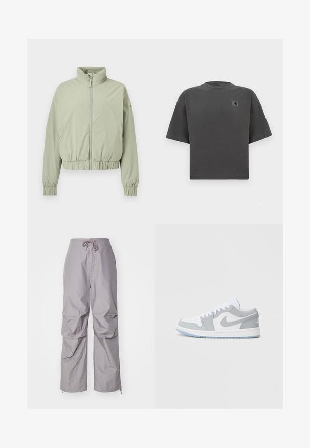 Lysegrøn lynlåssweater med høj krave, elastisk taljebånd og ærmekanter, vist på en hvid baggrund.; Mørkegrå oversized T-shirt med korte ærmer, rund hals og lille Carhartt-logo på venstre bryst.; Grå, løstsiddende bukser lavet af letvægtigt stof, med snøre i taljen og tapered ærmer med lynlåse. Tekstureret finish.; Nike-sneakers med en blanding af gråt og hvidt læder, perforeret tå, snørebånd og en lys blå ydersål med logodetaljer.