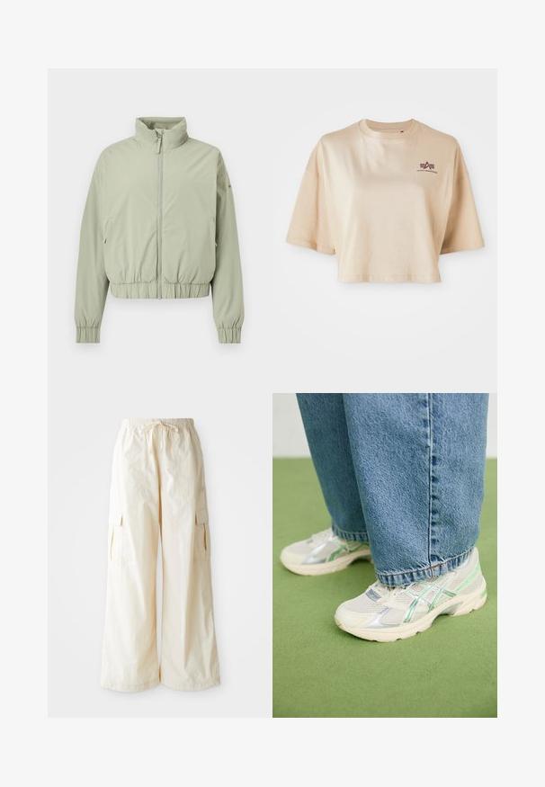 Chaqueta verde claro con cremallera, cuello alto, cintura y puños elásticos, mostrada sobre un fondo blanco.; Camiseta recortada de color beige, hecha de algodón, con mangas cortas, un cuello redondo y un gráfico de logo color granate en el lado izquierdo del pecho.; Pantalones cargo de pierna ancha en tela color beige claro con cinturilla elástica, cierre de cordón y bolsillos laterales. Textura suave con un detalle minimalista.; Zapatillas de malla blancas y plateadas con detalles en verde, combinadas con unos vaqueros azules holgados, de pie sobre un suelo de moqueta verde.