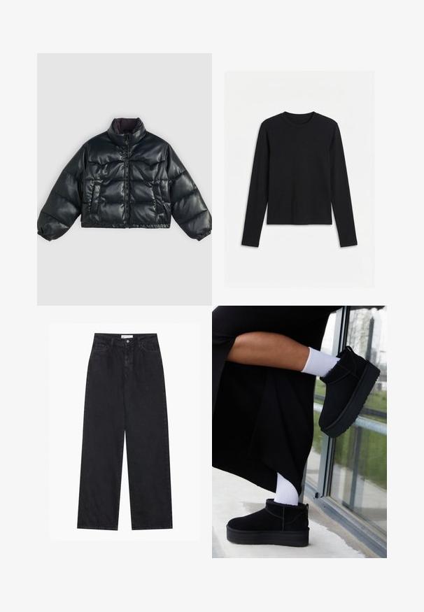 Sort cropped pufferjakke med en shiny finish, høj krave, lynlås i front og to sidelommer; har elastiskeærmer og en polstret design.; Sort langærmet T-shirt med bådhals og tætsiddende, ensartet design vist på hvid baggrund.; Sorte højtaljede bredbenede denimjeans med frontknap og lynlås, bæltestropper og fem-lomme stil.; Sorte suede ankelstøvler med flad sål, med en bageste træksløjfe, båret med hvide ankelstrømper mod en minimalistisk baggrund.