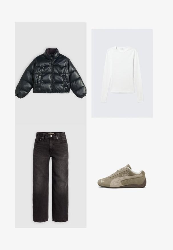 Sort cropped pufferjakke med en shiny finish, høj krave, lynlås i front og to sidelommer; har elastiskeærmer og en polstret design.; Langærmet, enkel hvid T-shirt med rund halsudskæring og tætsiddende pasform, vist mod en lysegrå baggrund.; Levi's® BAGGY DAD - Baggy jeans - shrink up; Suedesneakers i lysebrun med mørkere accenter, med et lavprofil design, snørebåndslukning og et mærke logo på siden.