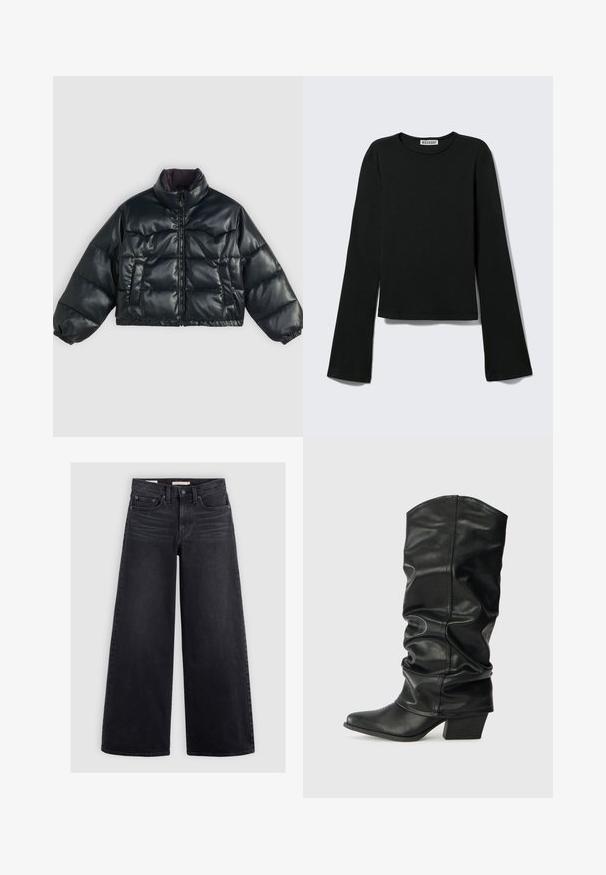Schwarze, kurz geschnittene Puffjacke mit glänzender Oberfläche, hohem Kragen, Reißverschluss und zwei seitlichen Taschen; mit elastischen Bündchen und gepolstertem Design.; Schwarzes Langarmshirt mit Rundhalsausschnitt, figurbetonter Silhouette und leicht ausgestellten Ärmeln, gekennzeichnet mit einem "Weekday" Markenetikett im Nacken.; Schwarze Jeans mit weitem Bein aus Denim, mit hoher Taille, fünf Taschen und dezenten Verwaschungen an der Vorderseite.; Schwarze Lederstiefel bis zum Knie mit einem rüschigen Design, spitzem Zehenbereich und breitem Absatz, mit glatter Texture und minimaler Naht.