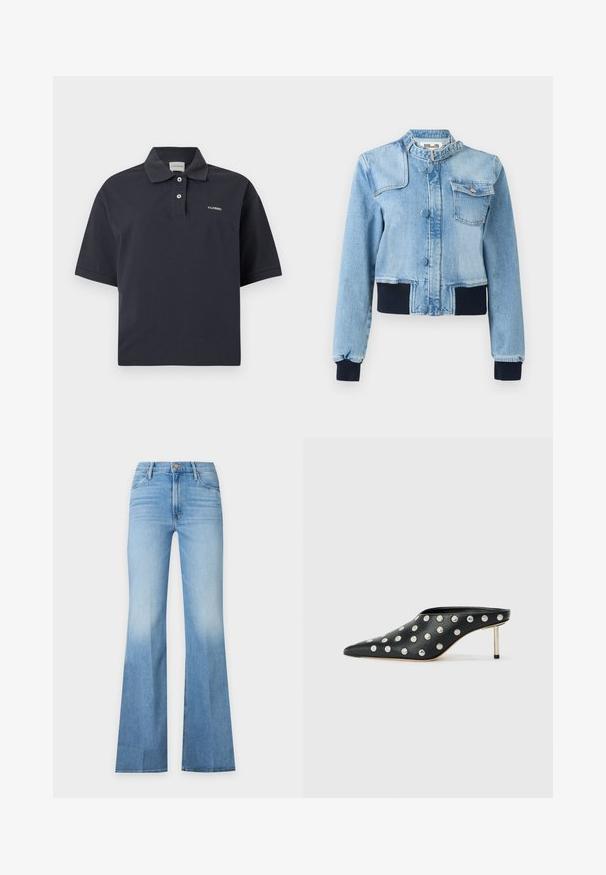 Veste en denim bleu clair avec col montant à boucle, fermeture à boutons sur le devant, une poche poitrine avec rabat, et poignets et taille côtelés noirs.; Polo à manches courtes bleu marine foncé avec deux boutons et petit logo blanc "CLOSED" sur la poitrine et l'étiquette du col.; Jean bleu clair taille haute avec jambes évasées, cinq poches et fermeture par bouton et fermeture éclair à l'avant.; STAND STUDIO KELSEY - Mules à talons - black