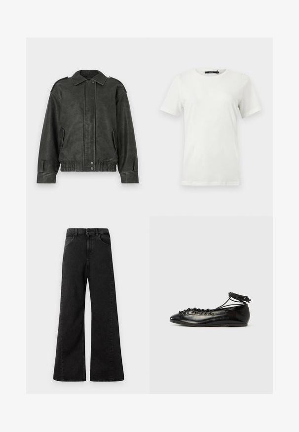 Grüne Kunstlederjacke mit Knopfleiste, breitem Kragen, Seitentaschen und elastischen Bündchen und Saum für eine lässige Passform.; Schlichtes weißes T-Shirt mit kurzen Ärmeln und Rundhalsausschnitt, mit geradem Saum, flach auf hellem Hintergrund dargestellt.; Hochtaillierte schwarze Jeans aus Denim mit weitem Bein, ausgestattet mit Fronttaschen und einem Knopfverschluss an der Taille.; Schwarze Ballerinas aus Lackleder mit runder Spitze, Schnürdesign und flacher Sohle. Glatte Textur mit minimaler Verzierung.