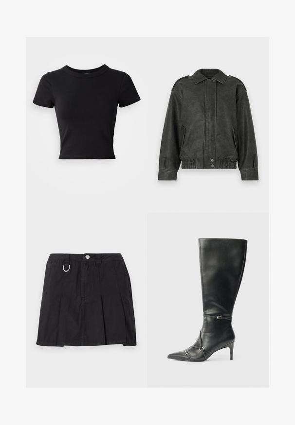 Groene faux leren jas met een knoopsluiting aan de voorkant, een brede kraag, zijzakken en elastische manchetten en zoom voor een relaxte pasvorm.; Zwart cropped t-shirt van stevige katoen, met korte mouwen en een ronde halslijn, met een glad en eenvoudig ontwerp.; Zwarte plissérok van katoen, met een knoopsluiting aan de voorkant, riemlussen en een D-ring accent op de tailleband.; Zwarte leren kniehoge laarzen met een slanke hak, puntige neus en banddetail bij de enkel. Gladde textuur en aansluitend ontwerp.