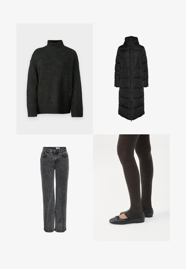Sort, lang, hættetrøje pufferjakke med quiltet design, der har en frontlynlås og store, polstrede paneler til isolering. Glat tekstur.; Vero Moda Tall VMMADDIE HIGHNECK PULL - Striktrøje - dark grey melange; Sorte denimjeans med lige ben, der har forlommer, bæltestropper og en subtil, falmet tekstur.; Ben iført mørke ribbede leggings kombineret med sorte balletsko med små sløjfedetaljer på hvid baggrund.