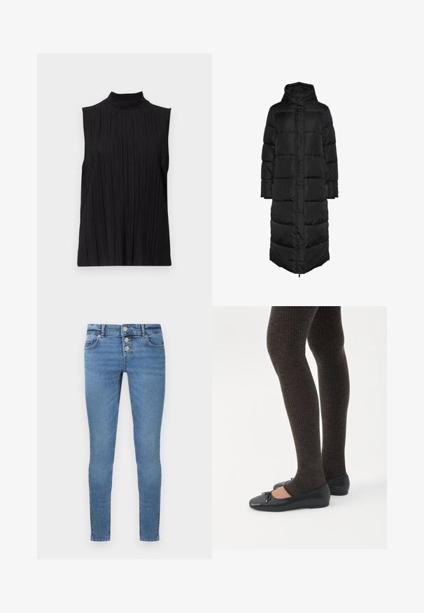 Abrigo acolchado negro, largo y con capucha, con diseño acolchado, que cuenta con una cremallera frontal y grandes paneles acolchados para aislamiento. Textura suave.; Top negro sin mangas con cuello alto, que presenta una textura de pliegues verticales. La tela parece suave con un ligero brillo.; Jeans ajustados de mezclilla azul medio, con tres cierres de botones metálicos y bolsillos delanteros. Textura suave y diseño entallado.; Piernas con leggings oscuros acanalados combinados con bailarinas negras que presentan pequeños detalles de lazo sobre un fondo blanco.