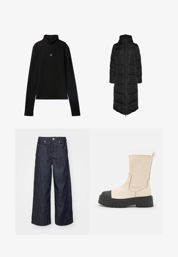 Sort, lang, hættetrøje pufferjakke med quiltet design, der har en frontlynlås og store, polstrede paneler til isolering. Glat tekstur.; Sort ribstrikket bluse med lange ærmer og lille firkantet Calvin Klein-logo placeret centralt på brystet.; Mørkeblå vide jeans i denim med frontlukning med knap og lynlås, bæltestropper og fem lomme-design på en hvid baggrund.; Steve Madden GENNA - Plateaustøvletter - bone/black