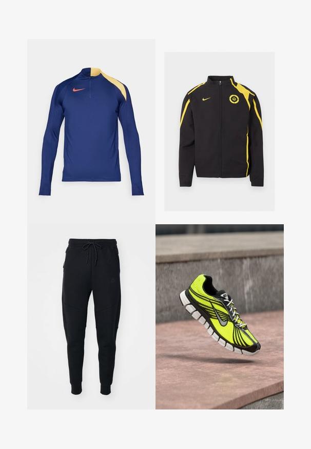 Čierna bunda na zips so žltými pruhmi na rukávoch a pleciach, logo Nike na pravej strane hrudníka a kruhový emblém "90" na ľavej strane hrudníka.; Námornícky modrý športový top s dlhým rukávom, žltým akcentom na pleci, polovičným zipom na golieri a červeným logom Nike swoosh na hrudi.; Čierne tepláky vyrobené z mäkkej tkaniny, s elastickým pásom, zúženými nohavicami a bočnými vreckami s elegantným dizajnom.; Jasne žltá a čierna bežecká topánka Nike vznášajúca sa nad betónovým povrchom, ukazujúca svoju flexibilnú bielu podrážku a detailný dizajn.