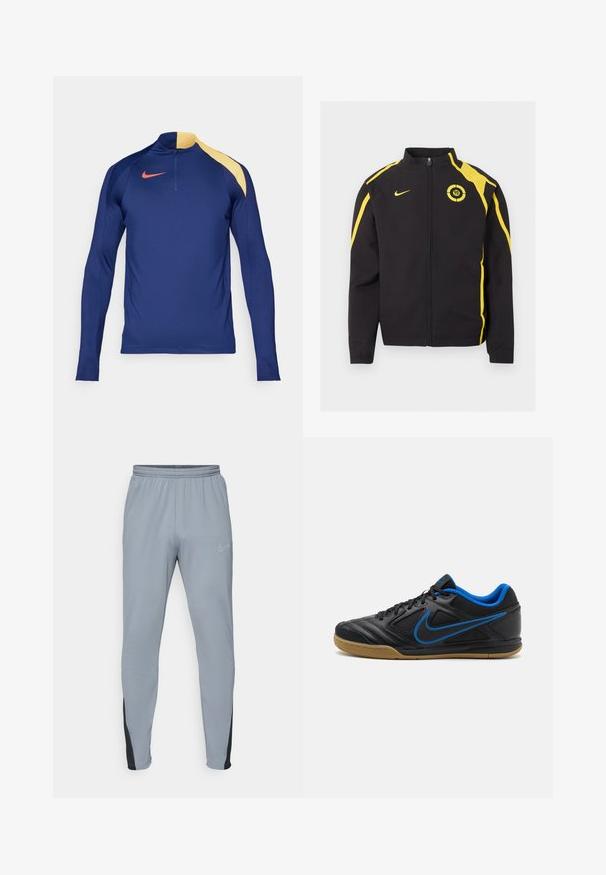 Chaqueta negra con cremallera y rayas amarillas en las mangas y los hombros, logo de Nike en el pecho derecho y emblema circular "90" en el pecho izquierdo.; Camiseta deportiva de manga larga en azul marino con un acento amarillo en el hombro, cuello con media cremallera y el logotipo de Nike en rojo en el pecho.; Pantalones atléticos grises con cintura elástica, piernas entalladas y detalles en negro. Presenta un pequeño logo gris claro en el lado izquierdo.; Zapatilla deportiva negra con acentos azules, parte superior sintética texturizada, cierre de cordones y suela de goma. Presenta un destacado detalle del logo lateral.
