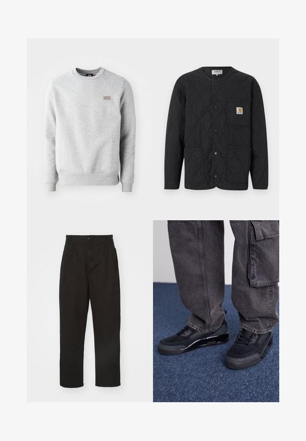 Zwarte doorgestikte jas met ronde hals, drukknopsluiting, drie steekzakken aan de voorkant en een kleine tankleurige logopatch op de bovenste linkerzak.; Grijze sweatshirt met een ronde hals, ribgebreide manchetten en onderrand, gemaakt van zacht katoen. Kenmerkt een klein logo op de linkerkant van de borst.; Zwarte broek van gladde stof, met knoopsluiting, rechte snit en twee voorplooien voor extra detail.; Zwarte sportieve schoenen met een gestructureerd oppervlak, gladde accenten en een chunky zool, gecombineerd met donkere, loszittende cargo pants.