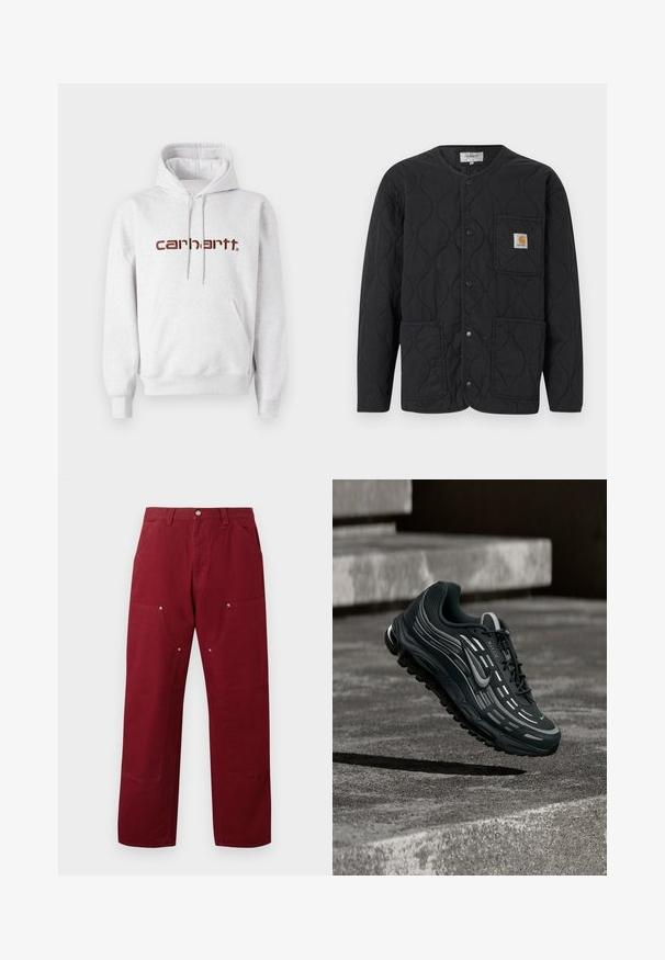 Schwarze gesteppte Jacke mit rundem Ausschnitt, Druckknopfverschluss, drei vorderen Taschen und einem kleinen braunen Logo-Patch auf der oberen linken Tasche.; Grauer Baumwoll-Hoodie mit Kängurutasche, Kordelzugkapuze und "Carhartt"-Logo in Dunkelbraun auf der Brust.; Burgunderfarbene Baumwollhose mit geradem Schnitt, zwei Vorderaschen, silbernen Beschlägen und Akzenten an den Knien. Glatte Textur, mittleres Gewicht.; Schwarzer und grauer Nike Air Max Sneaker, der über graue Betonstufen mit strukturiertem Bodenhintergrund schwebt.