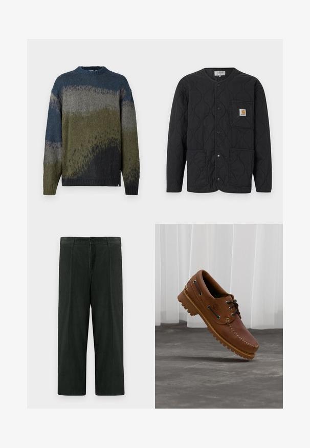 Veste matelassée noire avec encolure ronde, fermeture à boutons-pression, trois poches avant et un petit patch logo beige sur la poche supérieure gauche.; Pull en maille à col rond, présentant des motifs dégradés verts, gris et bleus, texture douce, coupe ample et poignets et ourlet côtelés.; Pantalons larges vert foncé en coton texturé. Dotés d'une fermeture à bouton et de plis à l'avant. Coupe droite avec une taille mi-haute.; Chaussure de bateau en cuir marron avec des lacets noirs, des coutures beiges et une semelle robuste, suspendue au-dessus d'un sol en béton gris.