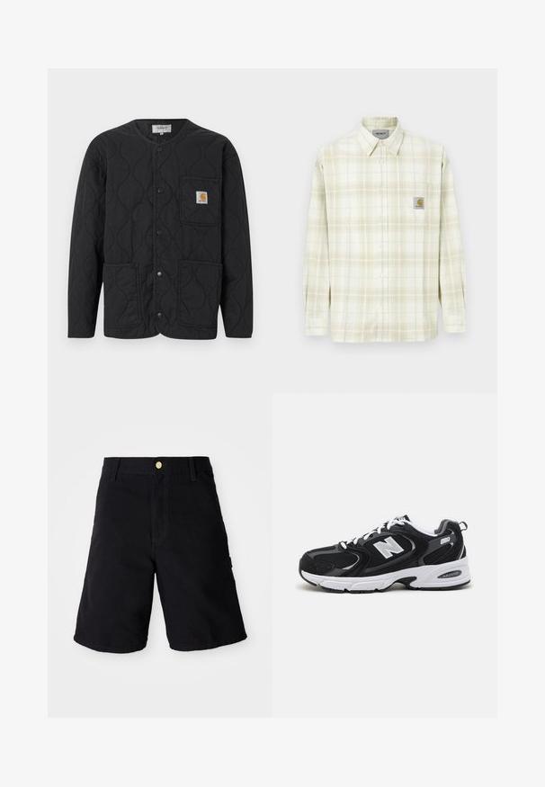 Veste matelassée noire avec encolure ronde, fermeture à boutons-pression, trois poches avant et un petit patch logo beige sur la poche supérieure gauche.; Chemise à carreaux de couleur claire avec des manches longues, un devant à boutons et une poche poitrine avec un patch logo. Matière en coton au toucher doux.; Shorts en denim noir avec une fermeture à bouton, présentant une coupe droite, des poches latérales et des coutures renforcées pour plus de durabilité.; Baskets de sport noires et grises avec un tige en mesh et en suède, présentant une semelle intermédiaire blanche, des lacets et un logo "N" audacieux sur le côté.