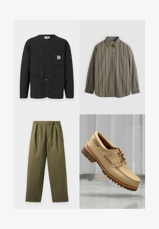 Veste matelassée noire avec encolure ronde, fermeture à boutons-pression, trois poches avant et un petit patch logo beige sur la poche supérieure gauche.; Chemise kaki à manches longues avec boutons, rayures verticales bleu marine et une poche poitrine, étalée à plat sur un fond gris.; Pantalon large vert olive avec une taille élastique et des plis sur le devant, présenté sur un fond clair.; Chaussure bateau en cuir marron clair avec semelle épaisse et striée et détails de lacets, flottant au-dessus d'un sol en marbre et d'un fond de stores verticaux blancs.