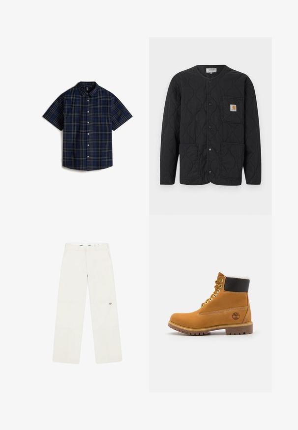 Sort quiltet jakke med rund halsudskæring, trykknapslukning, tre forlommer og et lille tan-farvet logo på øverste venstre lomme.; Vans LAWSON - Skjorter - medium blue; Løse hvide bukser lavet af stof med subtil tekstur. Har et logo nær kanten og en ren, lige ben design.; Brune læder ankelstøvle med metaløjer, hvid pelsforing, sort polstret krave, robust sål og præget logo på siden.