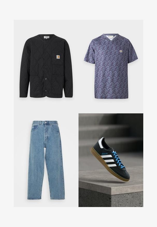 Schwarze gesteppte Jacke mit rundem Ausschnitt, Druckknopfverschluss, drei vorderen Taschen und einem kleinen braunen Logo-Patch auf der oberen linken Tasche.; Cleptomanicx RELAY - T-Shirt print - nightshadow blue; Hellblaue Denim-Jeans mit hoher Taille und lockerer Passform, ausgestattet mit zwei vorderen Taschen, einer hinteren Aufsatztasche und einem Knopfverschluss.; Schwarzer Adidas-Sneaker mit weißen Streifen, blauen Schnürsenkeln und Gummisohle, der über einer grauen Betontreppe im weichen Licht schwebt.