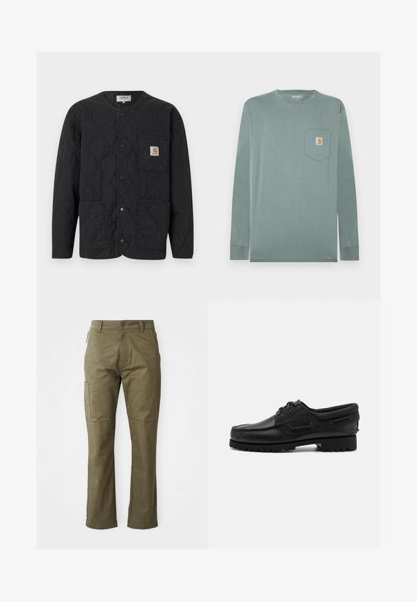 Zwarte doorgestikte jas met ronde hals, drukknopsluiting, drie steekzakken aan de voorkant en een kleine tankleurige logopatch op de bovenste linkerzak.; Lange mouwen shirt van lichtgroene katoen met een ronde hals, voorzien van een borstzak aan de linkerkant en een logopatch in oranje en wit.; Khaki cargobroek gemaakt van stevig katoen, met zijzakken, rechte pijpen en een rits met knoopsluiting.; Zwarte schoen met een leren bovenzijde, textiele accenten, ronde veters en een getextureerde rubberen zool. Voorzien van mocassin-stiksel en merkdetails.