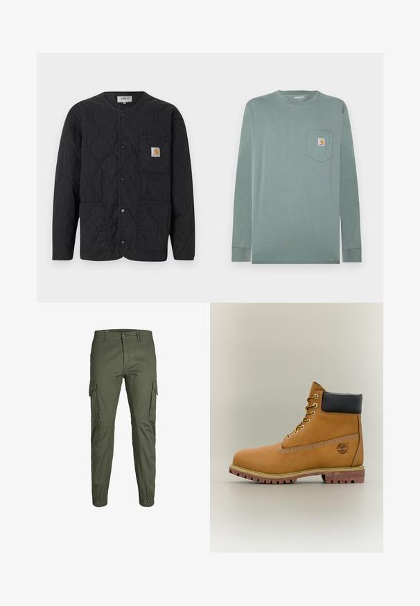 Veste matelassée noire avec encolure ronde, fermeture à boutons-pression, trois poches avant et un petit patch logo beige sur la poche supérieure gauche.; Chemise à manches longues en coton vert clair avec un col rond, dotée d'une poche poitrine gauche et d'un écusson logo en orange et blanc.; Pantalons cargo de couleur vert olive, coupe ajustée, fabriqués en mélange de coton durable. Comprend des poches latérales et des poignets élastiques aux chevilles.; Bottine en cuir marron avec col noir, lacets jaunes et semelle beige. Présente un logo et des détails de couture blanche. Semelle extérieure à traction robuste.