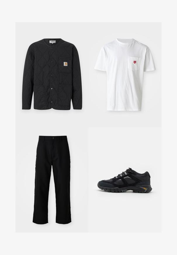 Veste matelassée noire avec encolure ronde, fermeture à boutons-pression, trois poches avant et un petit patch logo beige sur la poche supérieure gauche.; T-shirt en coton blanc avec un col rond et des manches courtes. Présente un petit logo en forme de cœur rouge sur la poche gauche de la poitrine.; Pantalons droits noirs avec passants de ceinture, bouton frontal et fermeture éclair sur fond clair uni.; Chaussure extérieure noire en daim et en maille avec une semelle robuste. Présente des accents gris et une marque Vibram sur le côté. Design à lacets.