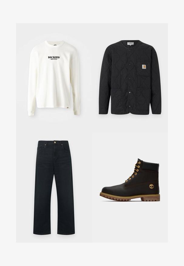 Chaqueta negra acolchada con cuello redondo, cierre con botones a presión, tres bolsillos delanteros y un pequeño parche de logo en tono marrón en el bolsillo superior izquierdo.; Sudadera de manga larga blanca de canalé con un logo negro "DICKIES" y "DESDE '22" debajo, cuello redondo y mangas con puños.; Pantalones de mezclilla negros de pierna ancha, con diseño de cinco bolsillos, detalles dorados y un acabado limpio en la cintura y el dobladillo.; Bota de cuero negro de tobillo con ojales dorados, acentos marrones y suela de goma. Presenta un cuello acolchado y un logotipo en relieve en el costado.