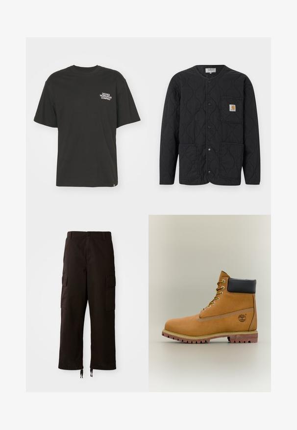 Chaqueta negra acolchada con cuello redondo, cierre con botones a presión, tres bolsillos delanteros y un pequeño parche de logo en tono marrón en el bolsillo superior izquierdo.; Dickies GRAPHIC TEE - Camiseta estampada - black; Pantalones cargo negros con un corte relajado, que cuentan con dos bolsillos laterales, cierre de botón y cuerdas ajustables en el dobladillo.; Bota de tobillo de cuero marrón con cuello negro, cordones amarillos y suela beige. Presenta un logotipo y detalles de costura blanca. Suela exterior con tracción robusta.