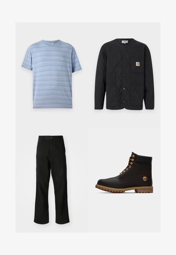Schwarze gesteppte Jacke mit rundem Ausschnitt, Druckknopfverschluss, drei vorderen Taschen und einem kleinen braunen Logo-Patch auf der oberen linken Tasche.; Hellblau gestreiftes T-Shirt mit horizontalen weißen Streifen, Rundhalsauschnitt und einem kleinen rosa Logo auf der linken Brustseite. Weicher Baumwollstoff.; Schwarze gerade Jeans mit Knopfverschluss, Gürtelschlaufen und Fronttaschen auf einem schlichten weißen Hintergrund.; Schwarze Leder-Ankle-Boots mit goldenen Ösen, braunen Akzenten und einer Gummisohle. Verfügt über einen gepolsterten Schaft und ein geprägtes Logo an der Seite.