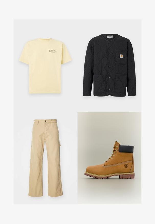 Veste matelassée noire avec encolure ronde, fermeture à boutons-pression, trois poches avant et un petit patch logo beige sur la poche supérieure gauche.; T-shirt en coton jaune avec des manches courtes et un col rond, comportant un logo graphique imprimé sur la partie gauche de la poitrine.; Pantalons cargo larges beiges avec fermeture à bouton, dotés de poches latérales, fabriqués en coton robuste, avec une texture lisse et un design droit.; Bottine en cuir marron avec col noir, lacets jaunes et semelle beige. Présente un logo et des détails de couture blanche. Semelle extérieure à traction robuste.