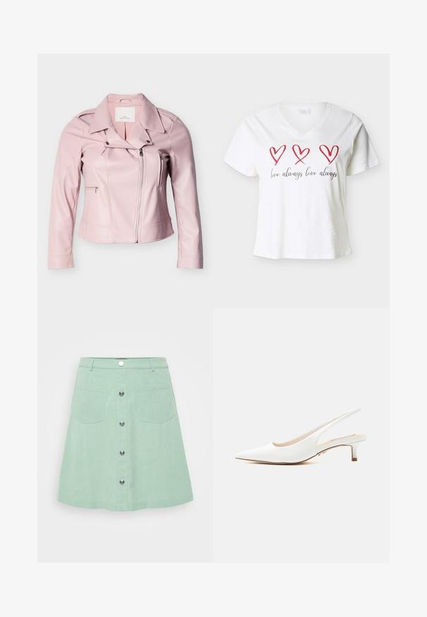 Rosa Leder-Motorradjacke mit Kragen, Reißverschluss vorne und zwei seitlichen Taschen mit sichtbaren Nahtdetails.; Weißes V-Ausschnitt-T-Shirt mit drei roten Herzen über dem Schriftzug "love always love always" in schwarzer, kursiver Schrift.; Mintgrüner Jeansrock mit Knopfverschluss, zwei Vorderaschen und ausgestelltem Design. Strukturierter Stoff mit sichtbaren Nähdetails.; Weißer Lederslingback-Schuh mit spitzer Schuhspitze und niedrigem Kittenabsatz auf schlichtem hellem Hintergrund.