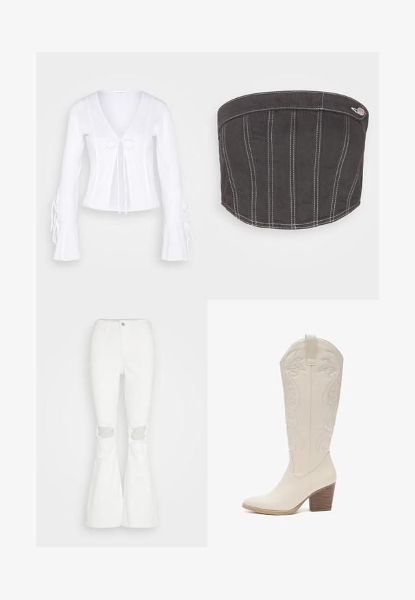 Even&Odd by Zalando Lichte jas - white; NA-KD CONTRAST STITCHING CORSET - Top - dark grey; Hollister Co. CURVY - Flared Jeans - white; Kniehoge witte leren cowboylaars met geborduurde bloemenpatronen, puntige neus en een gestapelde houten hak. Zachte textuur en gestroomlijnd ontwerp.