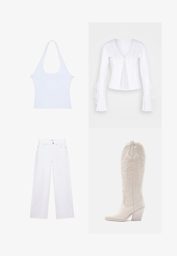 Even&Odd by Zalando Veste légère - white; Haut sans manches blanc en tissu doux avec un large décolleté et des emmanchures allongées, présentant une texture lisse et un design minimaliste.; Jean blanc taille haute à jambes larges avec fermeture à boutons et zip, poches avant et arrière, et détails en rivets argentés.; Bottine de cowboy en cuir blanc avec un bout pointu et un talon bloc. Présente des motifs de broderie complexes sur la tige et une texture lisse.