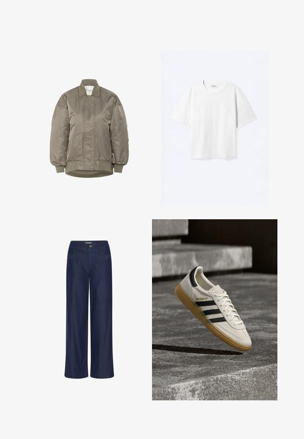 Olijfgroene bomberjack van glanzend nylon met een ribbelkraag en mouwen, met diamantgequilte patronen aan de voorkant.; Witte T-shirt met korte mouwen en een ronde hals met rechte zoom, met een "WEEKDAY" merklabel aan de binnenkant van de hals.; ICHI IHFlared - Flared Jeans - dark blue; Witte Adidas Spezial sneaker met zwarte strepen en gumzool, zwevend boven grijze stenen trappen buiten.