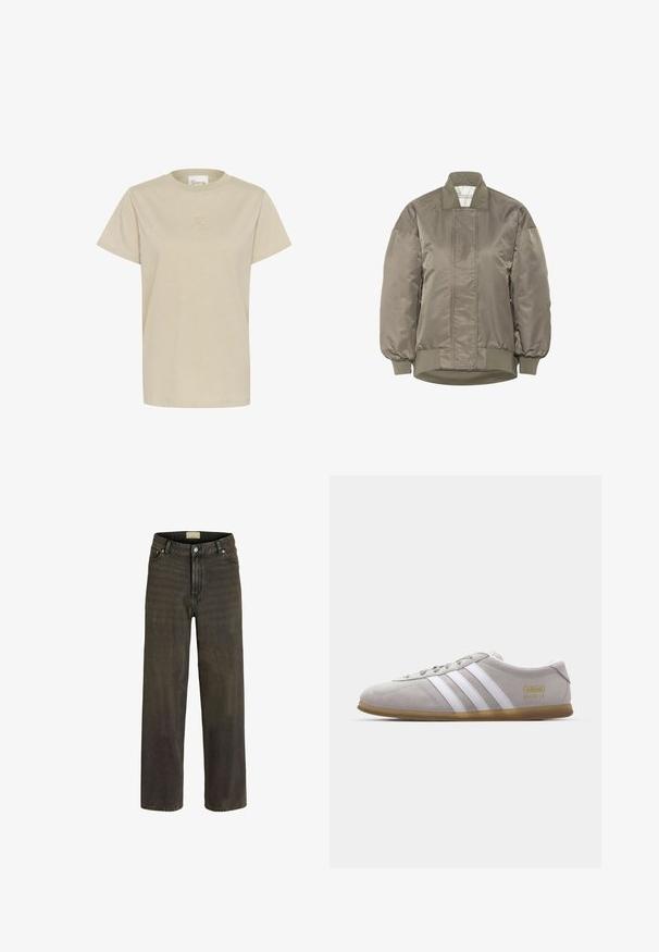 Oliven grøn bomberjakke i skinnende nylon med ribbet krave og manchetter, der har diamantquiltede mønstre på fronten.; Lys beige T-shirt med korte ærmer lavet af blødt stof. Den har en rund hals og et diskret præget logo på brystet.; Viddejeans i mørk olivengrøn denim, med et klassisk fem-lomme-design, knaplukning og diskret falming for ekstra tekstur.; Grå suedestøvle med hvide læderstriber og guldlogo-detalje. Flad gummisål, rund tå og klassisk snølukkedesign.