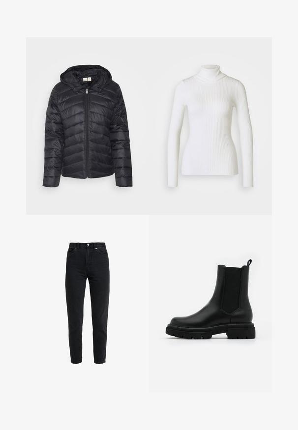Sort puffjakke med lynlås, chevron-quiltet mønster og aftagelig hætte, lavet af letvægts, glansfuld stof.; Hvid ribbet turtleneck sweater med lange ærmer, der har en tætsiddende design og blød tekstur. Flad krave og sømløst udseende.; High-waist sort denim jeans med forreste knap og lynlås, to forlommer og en tilspidset ben foran på en hvid baggrund.; Sorte læder Chelsea-støvler har en glat overflade, elastiske sidetillæg, en løftestang og en kraftig gummisål med en tekstureret slidbane.