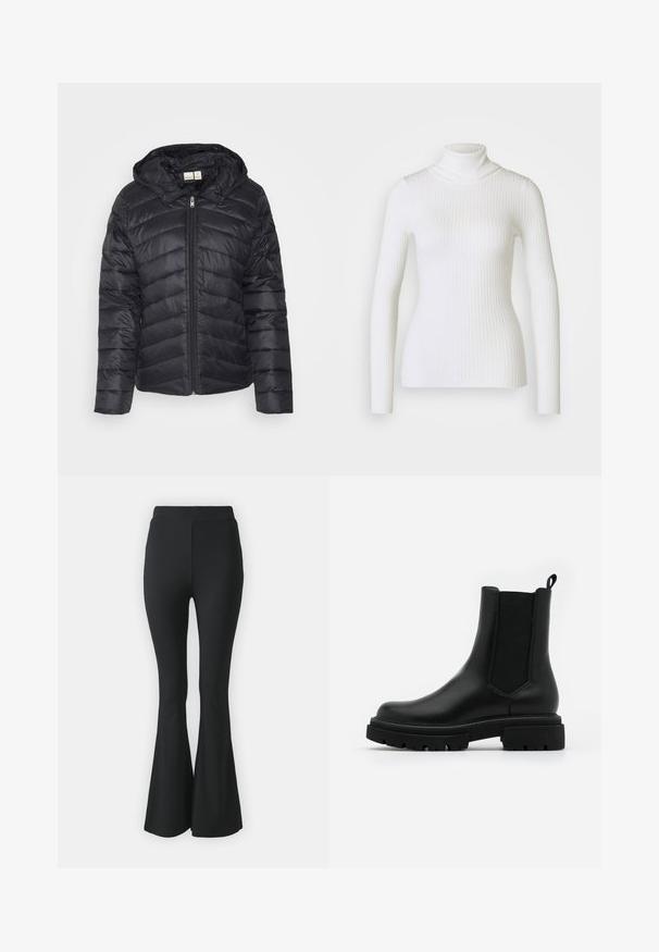 Schwarze Steppjacke mit Reißverschluss, Chevron-Steppmuster und abnehmbarem Kapuzen, gefertigt aus leichtem, glänzendem Stoff.; Weißer gerippter Rollkragenpullover mit langen Ärmeln, der ein tailliertes Design und eine weiche Textur aufweist. Flacher Kragen und nahtloser Look.; Schwarze ausgestellte Hosen aus elastischem Stoff. Sie haben einen hohen Bund und ein glattes, eng anliegendes Design, das ab dem Knie nach unten ausgestellt ist.; Schwarze Chelsea-Boots aus Leder haben eine glatte Oberfläche, elastische seitliche Einsätze, eine Zuglasche und eine chunky Gummisohle mit strukturiertem Profil.