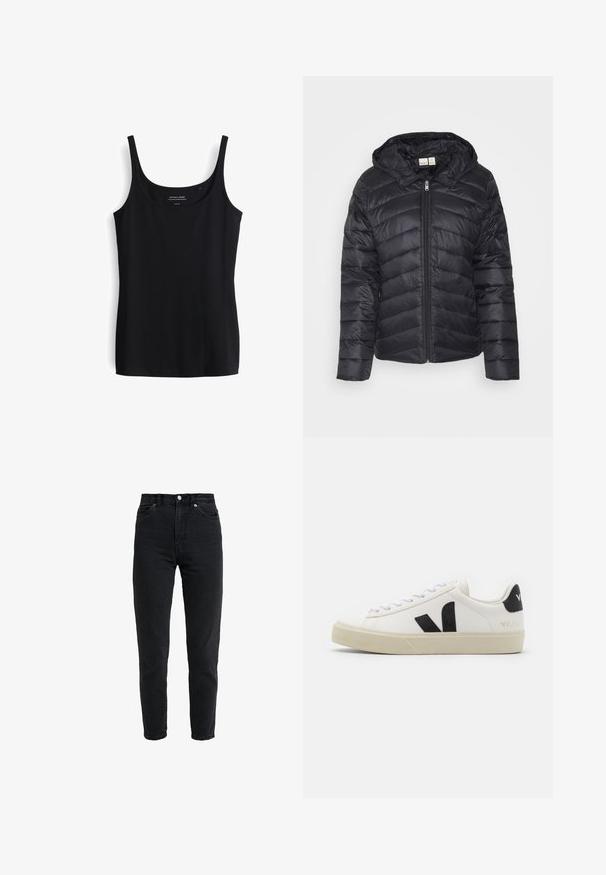Schwarze Steppjacke mit Reißverschluss, Chevron-Steppmuster und abnehmbarem Kapuzen, gefertigt aus leichtem, glänzendem Stoff.; Schwarzes Tanktop mit dünnen Trägern, aus weichem, dehnbarem Material. Hat ein einfaches, enganliegendes Design und einen runden Ausschnitt.; Schwarze Jeans mit hoher Taille, vorderem Knopf und Reißverschluss, zwei vorderen Taschen und einem verjüngten Bein auf weißem Hintergrund.; Weißes Leder-Sneaker mit schwarzem Gummi-V-Logo. Strukturierte cremefarbene Sohle, weiße Schnürsenkel und Fersendetail in Schwarz mit dem Markennamen.