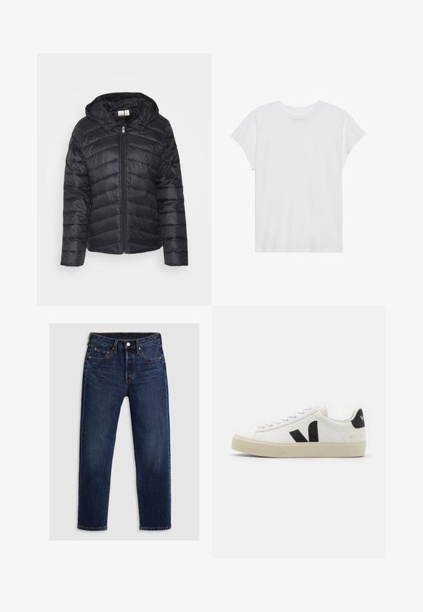 Schwarze Steppjacke mit Reißverschluss, Chevron-Steppmuster und abnehmbarem Kapuzen, gefertigt aus leichtem, glänzendem Stoff.; Weißes kurzärmliges T-Shirt mit Rundhalsausschnitt, lockerer Passform, aus weichem Baumwollstoff. Glatte Textur, keine Muster oder Logos.; Dunkelblaue Jeans aus Denim mit geradem Bein-Design. Verfügt über einen Reißverschluss mit Knopfverschluss, fünf Taschen und kontrastierende Nähte.; Weißes Leder-Sneaker mit schwarzem Gummi-V-Logo. Strukturierte cremefarbene Sohle, weiße Schnürsenkel und Fersendetail in Schwarz mit dem Markennamen.