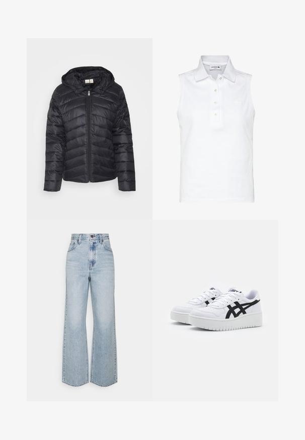 Schwarze Steppjacke mit Reißverschluss, Chevron-Steppmuster und abnehmbarem Kapuzen, gefertigt aus leichtem, glänzendem Stoff.; Ärmelloses weißes Poloshirt aus Baumwolle. Hat einen Kragen, eine Knopfleiste mit fünf Knöpfen und ein kleines gesticktes Logo auf der Brust.; Helle blaue Jeans im weiten Schnitt mit hoher Taille, klassischem Fünf-Taschen-Design und kontrastierenden Nähten. Unfinished Saum am unteren Ende.; Weiße Sneaker mit einer strukturierten Oberfläche, schwarzen Seitenstreifen und einer dicken weißen Sohle. Verfügt über ein Schnürdesign und ein Logo auf der Zunge.