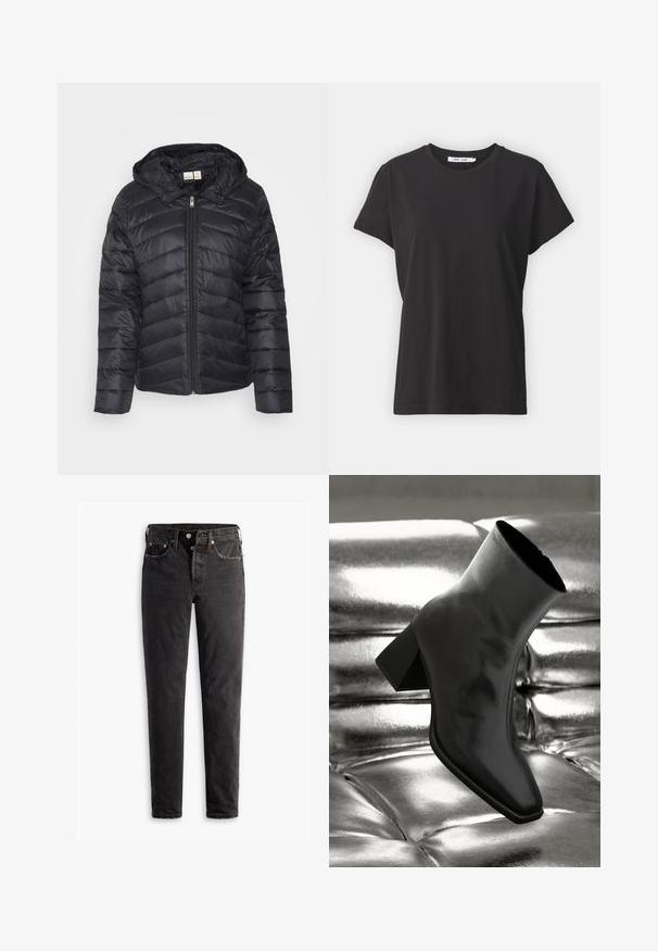 Schwarze Steppjacke mit Reißverschluss, Chevron-Steppmuster und abnehmbarem Kapuzen, gefertigt aus leichtem, glänzendem Stoff.; Schwarzes Baumwoll-T-Shirt mit klassischem Rundhalsausschnitt, kurzen Ärmeln und lockerer Passform. Glatte Textur, keine sichtbaren Muster oder Akzente.; Schwarze Jeans aus Denim mit geradem Bein, fünf Taschen, kupferfarbenen Beschlägen und einer leicht ausgebleichten Textur.; Schwarzer Knöchelstiefel aus glänzendem Material mit quadratischer Zehenform und verjüngtem Absatz, vor einem glänzenden silbernen gepolsterten Hintergrund.