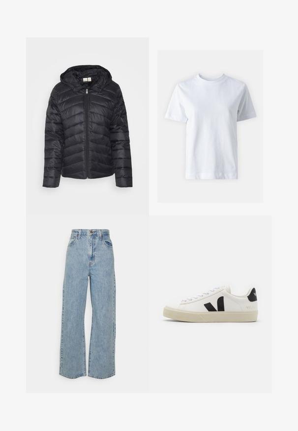 Sort puffjakke med lynlås, chevron-quiltet mønster og aftagelig hætte, lavet af letvægts, glansfuld stof.; Hvid bomulds t-shirt med rund halsudskæring, korte ærmer, lige snit og glat tekstur. Ingen mønstre eller dekorationer.; Lyseblå vidde denimjeans med høj talje, frontknap, lynlås og femlomme-design på ensfarvet baggrund.; Hvide lædersneakers med sort gummiv V-logo. Tekstureret off-white sål, hvide snørebånd og bagside med brandnavn i sort.