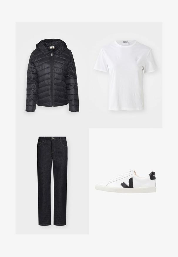 Chaqueta acolchada negra con cierre de cremallera, patrón de rombos y capucha desmontable, fabricada en un material ligero y brillante.; Camiseta blanca de manga corta hecha de una tela suave. Cuenta con un escote redondo y un corte recto, con una etiqueta en el cuello interior.; Vaqueros negros de pitillo recto con bolsillos delanteros, trabillas para cinturón y cierre de botón sobre un fondo liso.; Zapatilla blanca con un logo en V negro, con una parte superior de cuero liso, puntera redonda, cierre de cordones y una lengüeta en el talón de color negro en contraste.