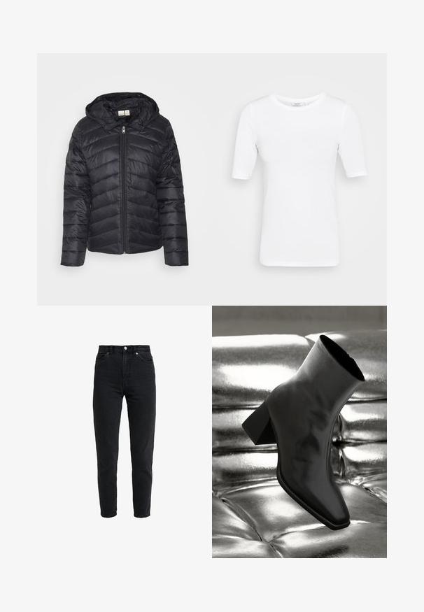 Doudoune noire avec fermeture éclair, motif matelassé en chevron et capuche amovible, fabriquée en tissu léger et brillant.; T-shirt blanc, léger, ajusté avec un col rond et des manches courtes, présentant une texture lisse et sans motifs visibles.; Jean en denim noir taille haute avec bouton et fermeture éclair à l'avant, deux poches avant et jambe fuselée sur fond blanc.; Botte noire à la cheville en matériau brillant avec un bout carré et un talon effilé, sur un fond argenté brillant et capitonné.