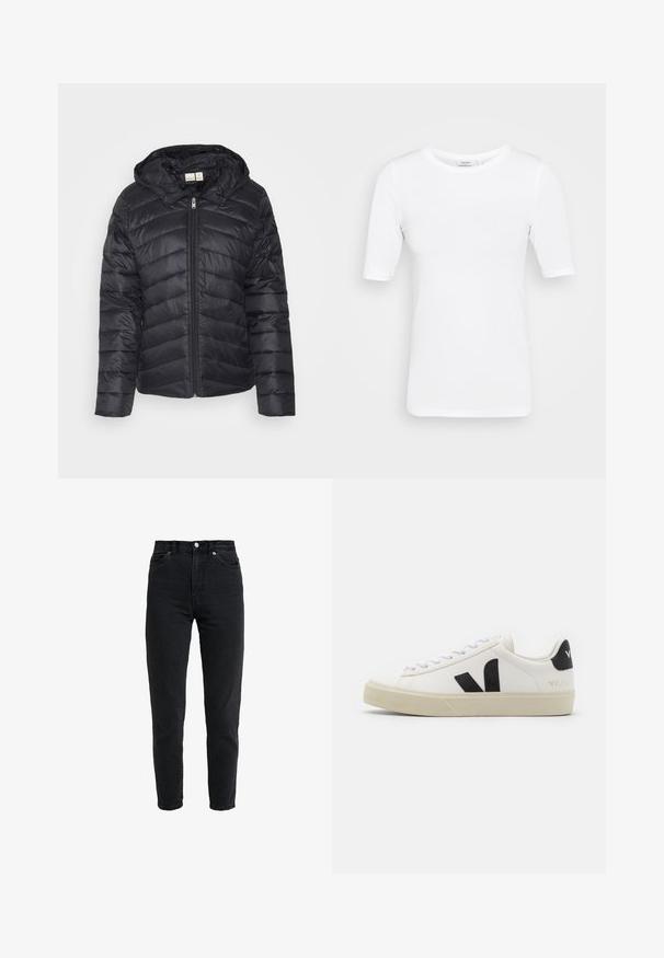 Schwarze Steppjacke mit Reißverschluss, Chevron-Steppmuster und abnehmbarem Kapuzen, gefertigt aus leichtem, glänzendem Stoff.; Weißes, leichtes, eng anliegendes T-Shirt mit Rundhalsausschnitt und kurzen Ärmeln, das eine glatte Textur hat und keine sichtbaren Muster aufweist.; Schwarze Jeans mit hoher Taille, vorderem Knopf und Reißverschluss, zwei vorderen Taschen und einem verjüngten Bein auf weißem Hintergrund.; Weißes Leder-Sneaker mit schwarzem Gummi-V-Logo. Strukturierte cremefarbene Sohle, weiße Schnürsenkel und Fersendetail in Schwarz mit dem Markennamen.