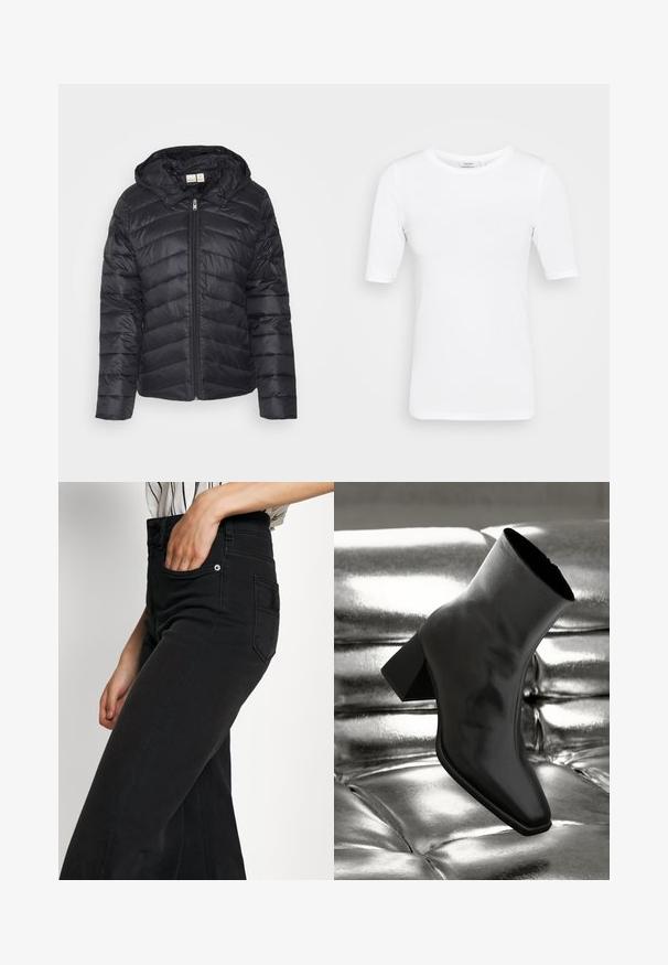 Sort puffjakke med lynlås, chevron-quiltet mønster og aftagelig hætte, lavet af letvægts, glansfuld stof.; Hvid, letvægts, stræktilpasset t-shirt med rund halsudskæring og korte ærmer, der har en glat tekstur og ingen synlige mønstre.; Sorte jeans i bred benstil med høj talje, forlommer og en baglappe. Glat tekstur med minimale syningsdetaljer.; Sorte ankelstøvler lavet af glossy materiale med firkantet tå og spidse hæle, sat mod en skinnende sølv tuftet baggrund.