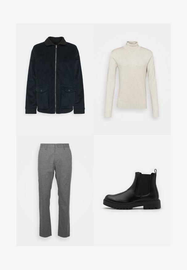 Marineblå kordfløjljakke med sort sherpa-krave, lynlås lukning og to knapforseglede forlommer; har ribbet tekstur over det hele.; Lys beige turtleneck sweater lavet af blødt stof, med lange ærmer og en tætsiddende pasform med ribkantede detaljer ved kraven og manchetterne.; Grå, skræddersyede bukser lavet af tekstureret stof. Har flad front, bæltesløjfer og en lige benpasform. Ingen synlige mønstre eller accenter.; Zign by Zalando LEATHER - Støvletter - black